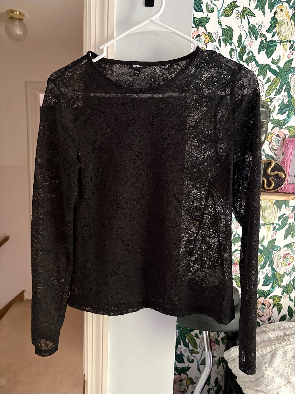 Express Black Floral Lace Long-Sleeve Top